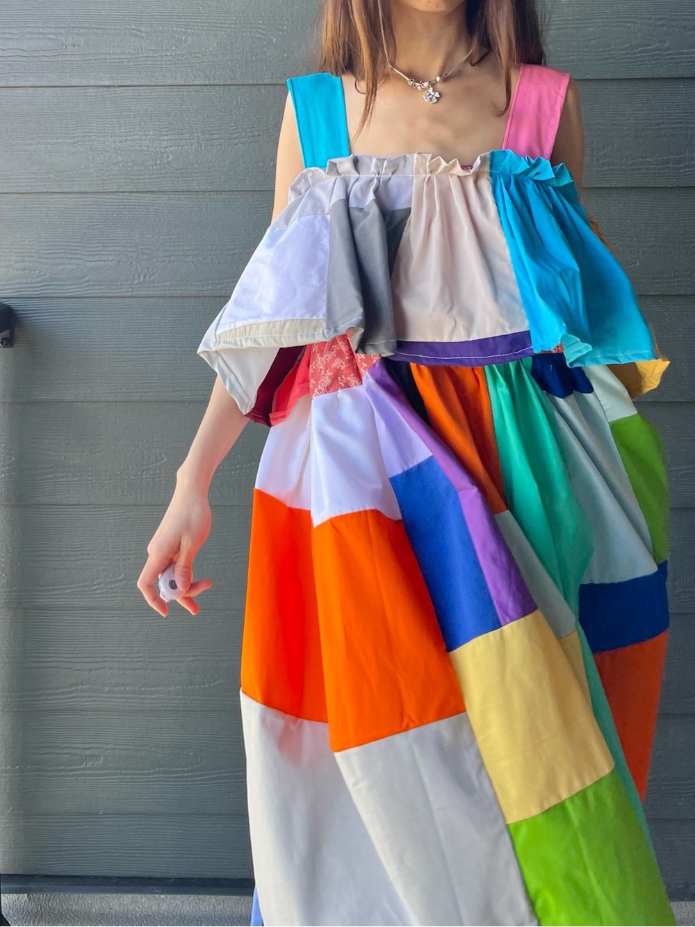 Handmade Sleeveless Ruffled Patchwork Colorblock Dress SKU 06232